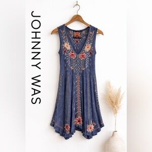 Johnny Was Heather Boho Blue Embroidered Floral Midi Dress Boho V-Neck S/M